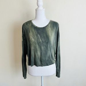 UO Caution To The Wind Olive Green Distressed Tie Dye Long Sleeve Crop Blouse